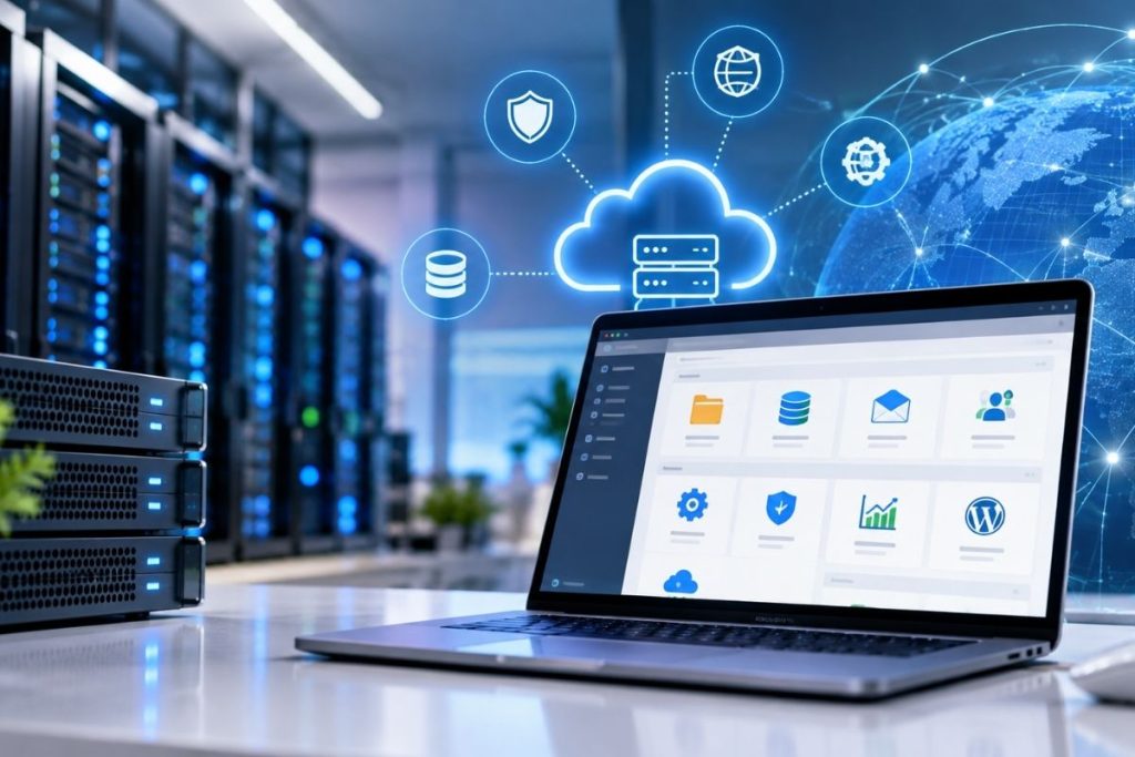 Modern cPanel web hosting environment with servers, cloud infrastructure and hosting management dashboard