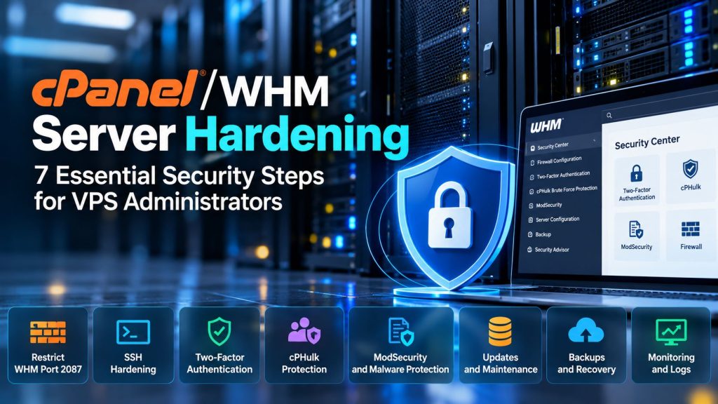 cPanel WHM Server Hardening with firewall protection, SSH security, two-factor authentication, ModSecurity, backups and monitoring.