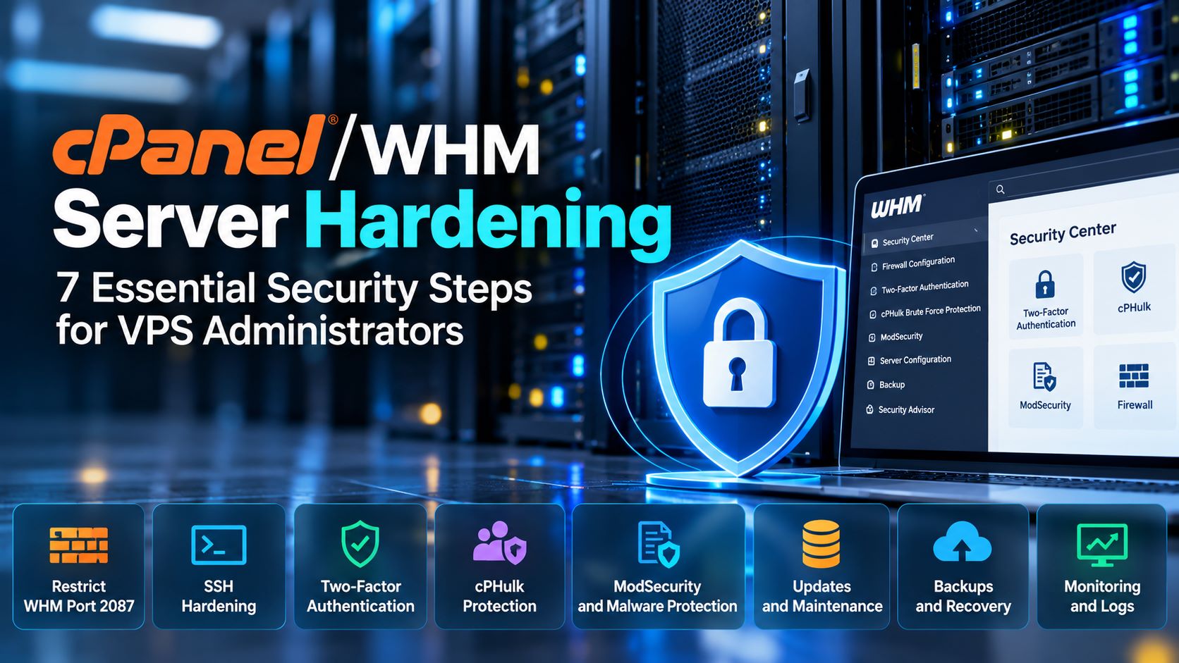 cPanel WHM Server Hardening with firewall protection, SSH security, two-factor authentication, ModSecurity, backups and monitoring.